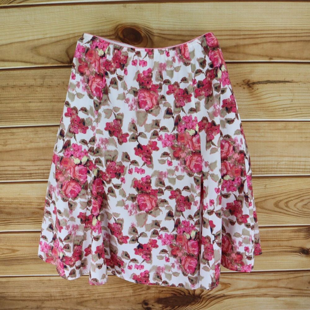 Sag Harbor Midi Skirt A-Line Elastic Waist Womens M Pink White Floral Polyester